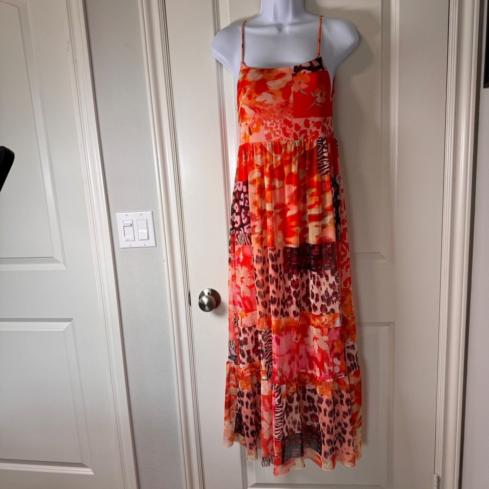 Desigual Womens Patchwork Animal Floral Mesh Maxi Dress Orange Red Small Artsy